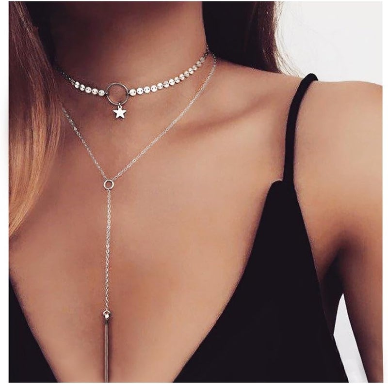 Suyi Stylish Layered Sequins Choker Necklace with Thin Long Chian Pendant for Women Lady - Image 2